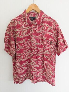 Royal Robbins Men's Large Leaf Print Linen Blend Short Sleeve Button Down Shirt